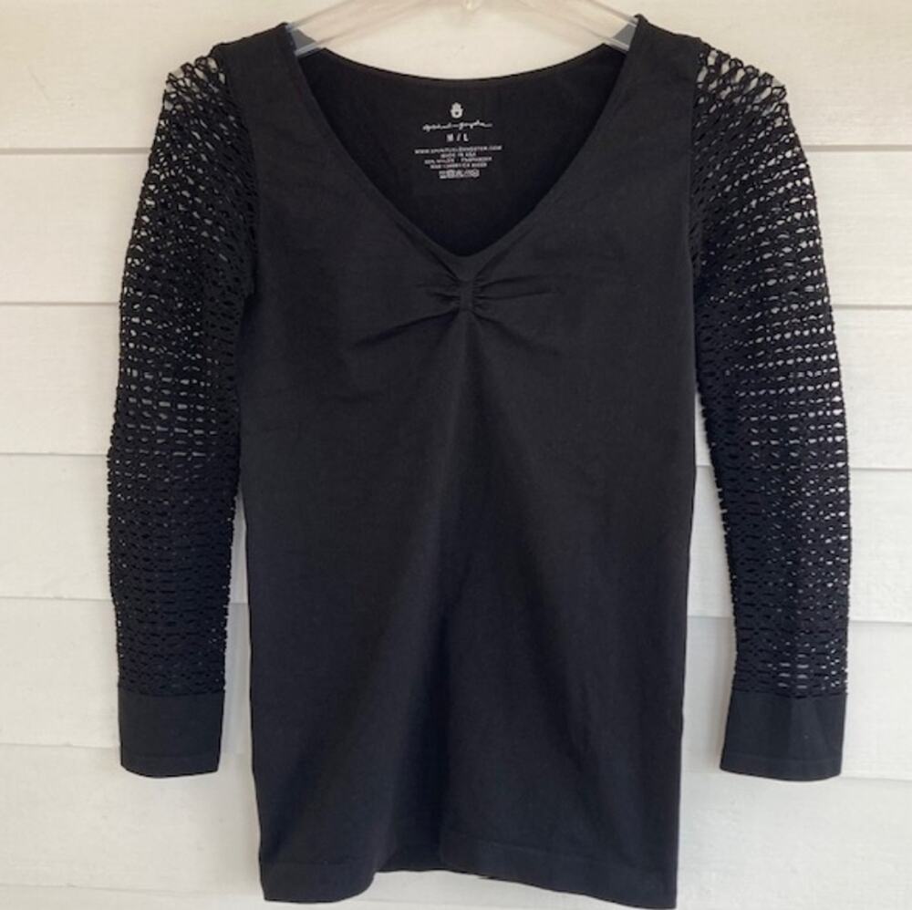 Spiritual Gangster NEW Black Crochet Long Sleeve Pullover V-neck Yoga Top M/L
